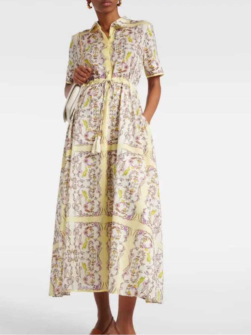 Tory Burch Chartreuse Floral Rabbit Bunny Meadow Print  Voile Midi Dress NWT